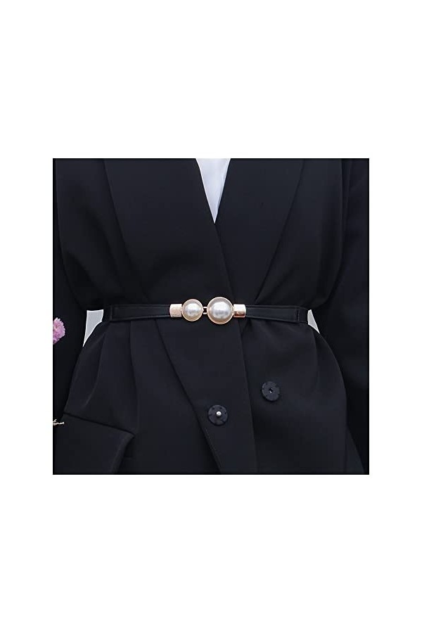 BAtlam Ceinture Fine élastique en Cuir PU Double Perle pour Femmes Robe Jupe Taille Ceintures chaîne de Chandail pour Dames F