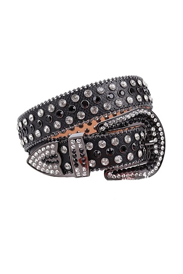 Ceinture cloutée en cuir véritable de luxe avec strass pour femme et homme, Doré argenté, 105cm