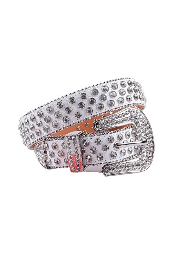 Ceinture cloutée en cuir véritable de luxe avec strass pour femme et homme, Doré argenté, 105cm