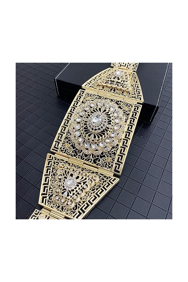 Grande ceinture marocaine dorée rectangulaire en cristal pour robe de mariée - 105 cm