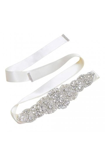 RIAAJ Ceinture de mariée main strass ceinture de mariage cristal argenté avec ruban blanc pour femmes ceintures formelles-bei