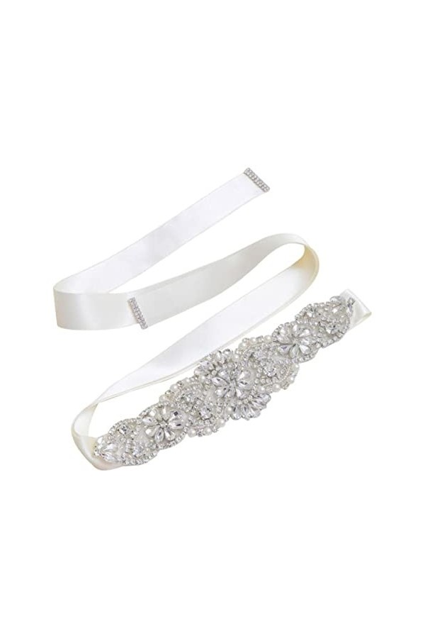RIAAJ Ceinture de mariée main strass ceinture de mariage cristal argenté avec ruban blanc pour femmes ceintures formelles-bei