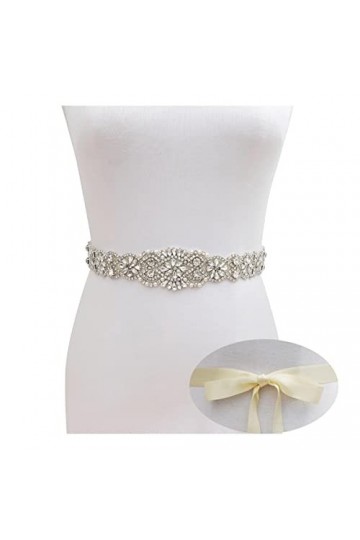 RIAAJ Ceinture de mariée main strass ceinture de mariage cristal argenté avec ruban blanc pour femmes ceintures formelles-bei