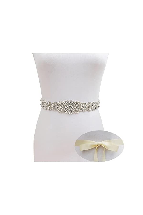 RIAAJ Ceinture de mariée main strass ceinture de mariage cristal argenté avec ruban blanc pour femmes ceintures formelles-bei