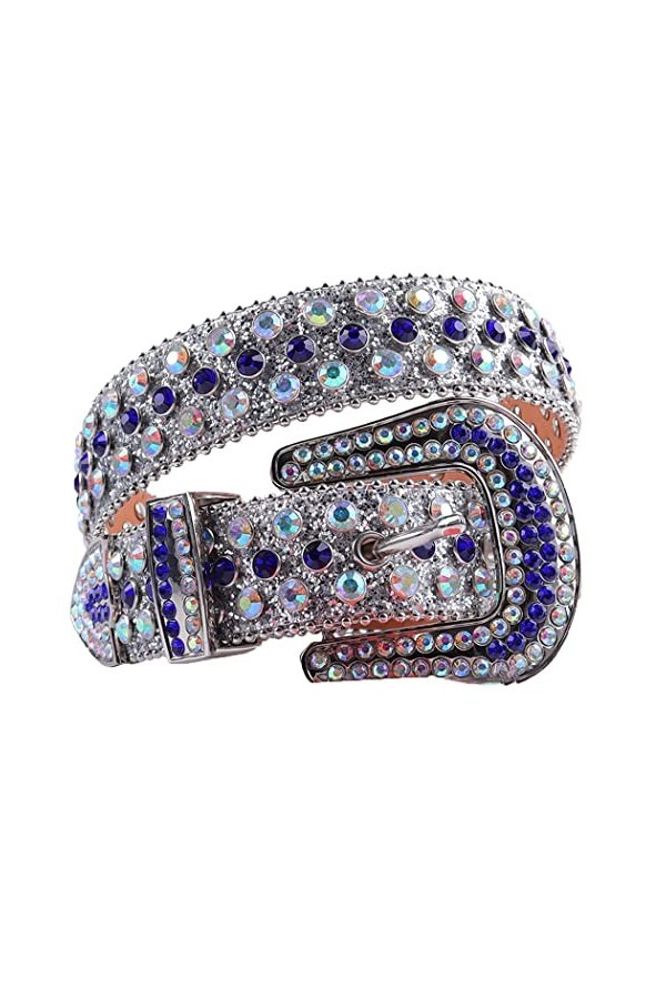 Ceinture en strass bleu style western cowboy avec strass pour femme et homme, Argenté/bleu, 32-34W