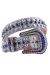 Ceinture en strass bleu style western cowboy avec strass pour femme et homme, Argenté/bleu, 32-34W