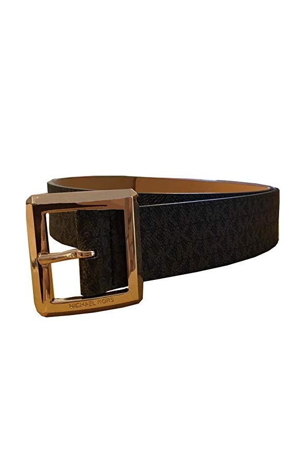 Michael Kors Womens Rectangle MK Gold Tone Big Buckle Belt, Black, Small