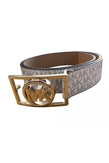 Michael Kors Womens Rectangle MK Gold Tone Buckle Belt, Vanilla , Medium