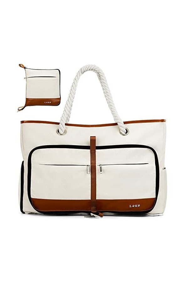 Lekespring Sac de Plage Femme 35 Litres | Grand Tote Bag Pliable - Sac Cabas Plage avec Compartiment Chaussures Séparé - Impe