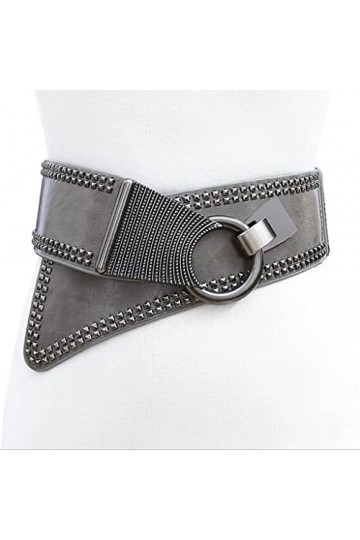 Rivets Larges Ceintures pour Femmes Élastique Large Style Européen Femmes Ceintures Boucle Ronde en métal réglable Couleur :