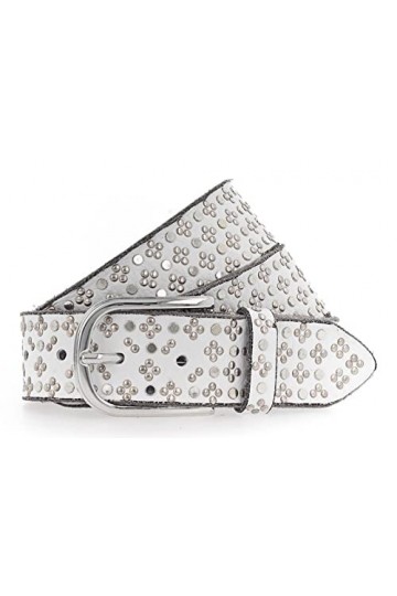 B.Belt Ceinture à rivets en cuir Tini Silver avec rivets pour femme - Blanc - Large