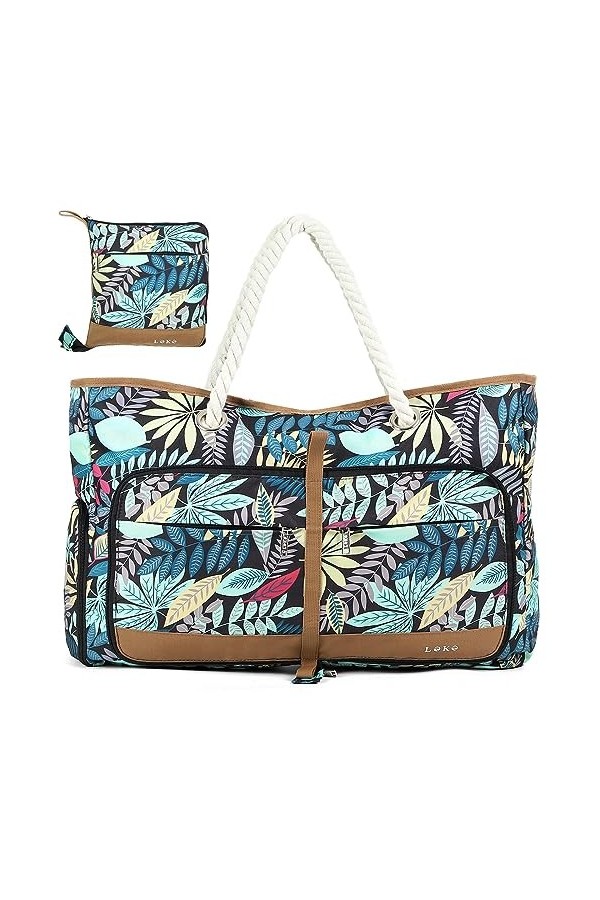 Lekespring Sac de Plage Femme 35 Litres | Grand Tote Bag Pliable - Sac Cabas Plage avec Compartiment Chaussures Séparé - Impe