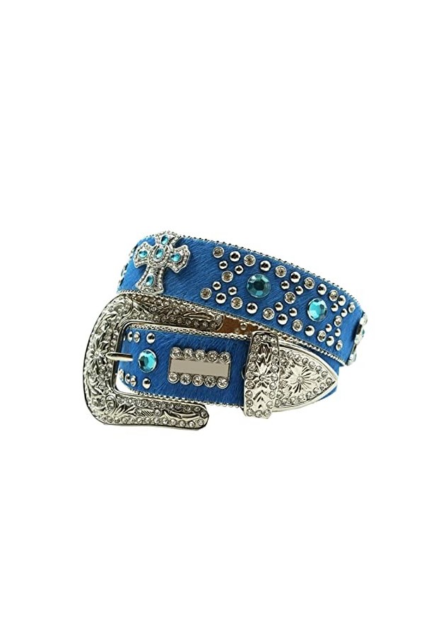 JIARY Ceinture Unisexe,Ceinture en Cuir Véritable avec Boucle Ardillon en Alliage De Strass Décontractée,Bleu,115CM/45.3