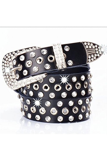 Hommes Femmes Ceinture de Réglage de Taille Femme Ceinture Femme Peau de Vache Large Boucle Cristal Clouté Ceintures Longueu