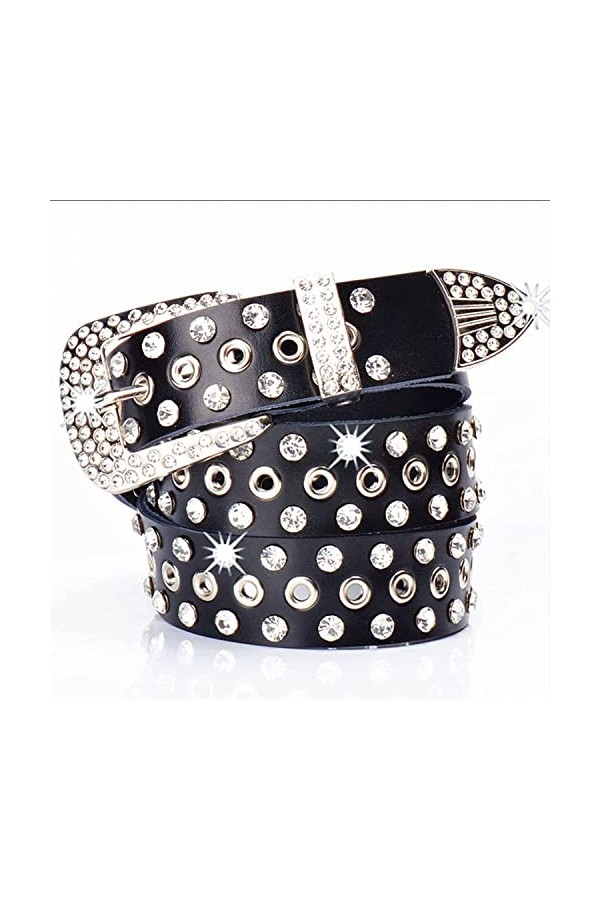 Hommes Femmes Ceinture de Réglage de Taille Femme Ceinture Femme Peau de Vache Large Boucle Cristal Clouté Ceintures Longueu