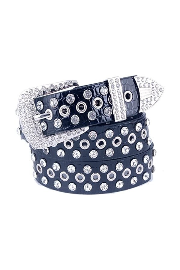 Hommes Femmes Ceinture de Réglage de Taille Femme Ceinture Femme Peau de Vache Large Boucle Cristal Clouté Ceintures Longueu