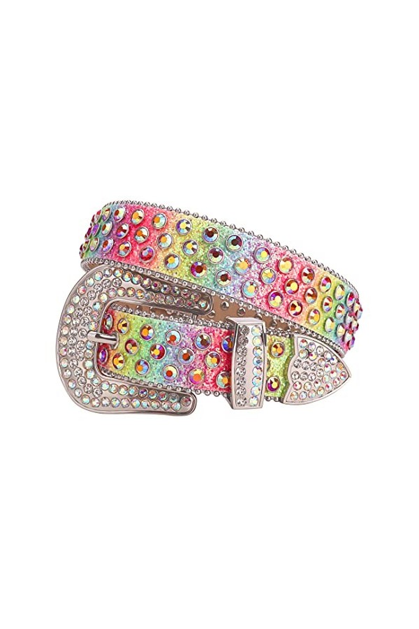 Ceintures punk en strass pour femme et homme - Ceinture cloutée en cristal de diamant pour jeans cowboy, arc-en-ciel., 38 28-