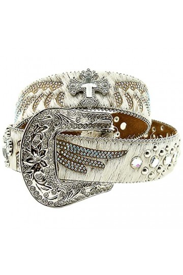 JIARY Ceinture Unisexe,Ceinture en Cuir Véritable avec Boucle Ardillon en Alliage De Strass Décontractée,Blanc,95CM/37.4