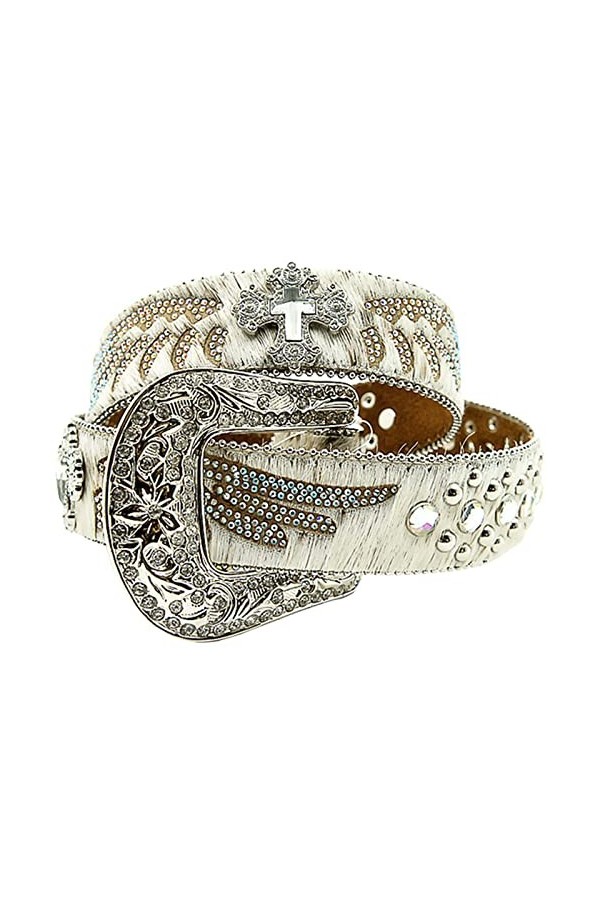 JIARY Ceinture Unisexe,Ceinture en Cuir Véritable avec Boucle Ardillon en Alliage De Strass Décontractée,Blanc,95CM/37.4