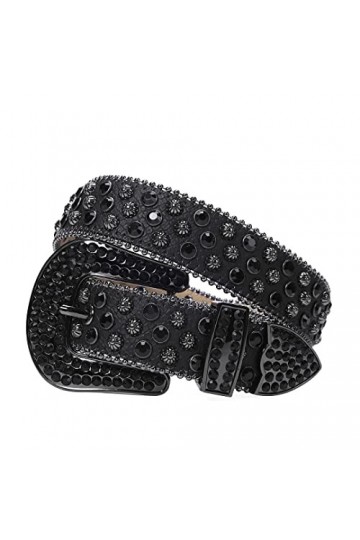 Ceinture en strass clouté pour homme et femme - Sangle en cuir noir - Boucle de cowboy pour femme