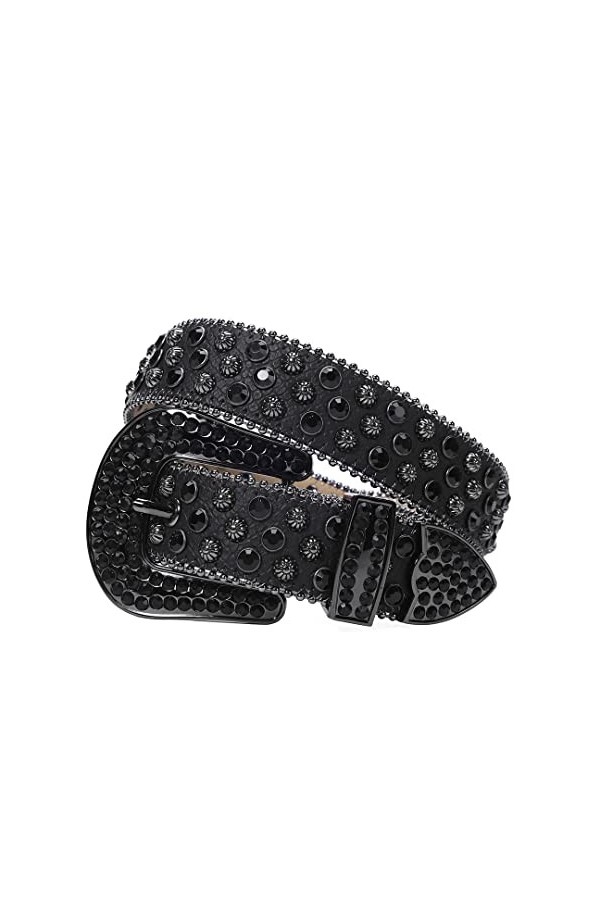 Ceinture en strass clouté pour homme et femme - Sangle en cuir noir - Boucle de cowboy pour femme