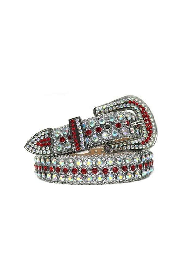 Ceinture de luxe à clous pour homme et femme avec strass colorés, Argenté/rouge, 117 cm