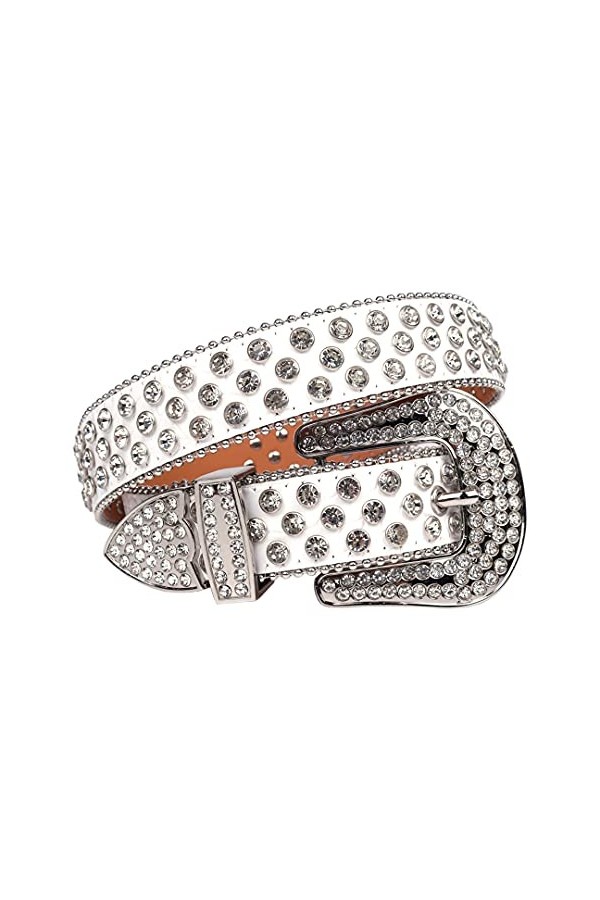 Ceinture Western cloutée en diamant pour homme et femme, boucle ardillon, style cowboy, pour jeans, ceinture femme, blanc, 12
