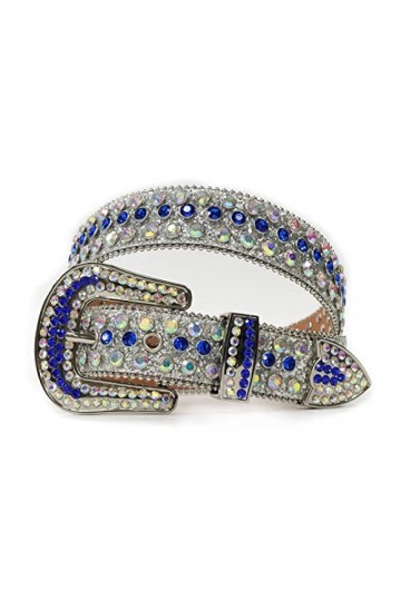 Ceintures de cowgirl à strass tendance pour femme avec sangle colorée cloutée, Bleu argenté., 44 33-35inch 