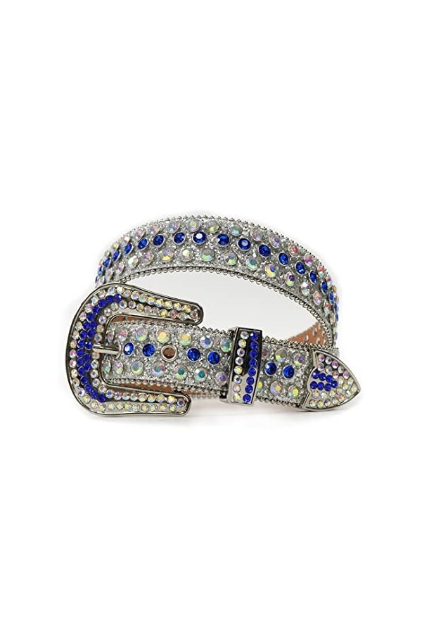 Ceintures de cowgirl à strass tendance pour femme avec sangle colorée cloutée, Bleu argenté., 44 33-35inch 