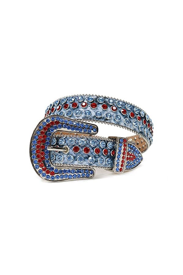 Haitpant Ceinture Western Strass Boucle Amovible Diamant Clouté Ceinture Pour Femme Homme, Bleu serpentine, 44 inch
