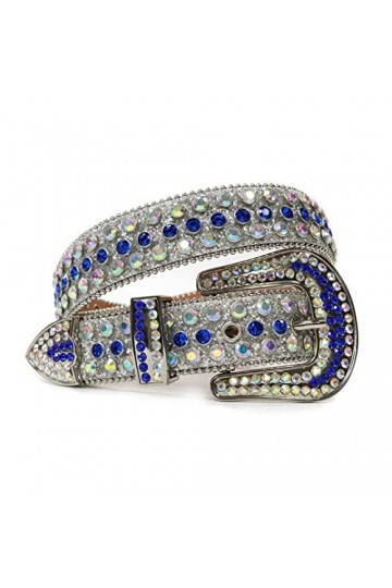 Ceinture de luxe cloutée de luxe de dames de ceinture de diamant occidentale ceinture de dames de cuir PU, Argenté/bleu, 112