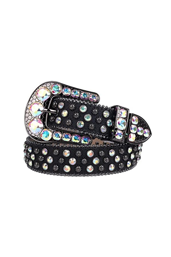 Ceinture de luxe cloutée de luxe de dames de ceinture de diamant occidentale ceinture de dames de cuir PU, Argenté/bleu, 112