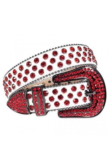 Ceinture de luxe cloutée de luxe de dames de ceinture de diamant occidentale ceinture de dames de cuir PU, blanc/rouge, 112
