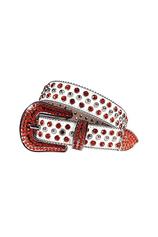 Ceinture de luxe cloutée de luxe de dames de ceinture de diamant occidentale ceinture de dames de cuir PU, Blanc Orange 2, 11