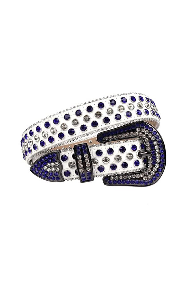 Ceinture en strass avec boucle ardillon pour femme Style occidental décontracté coloré incrusté de diamants, blanc/bleu, 112