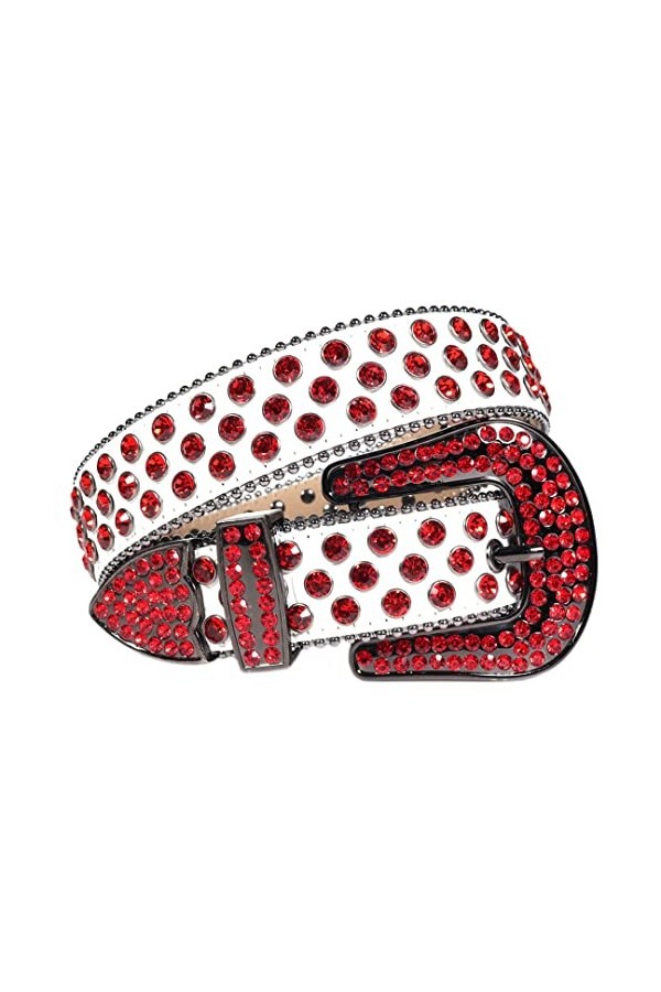 Ceinture brillante en cuir PU de ceinture de femmes de clous de luxe de ceinture de diamant de, blanc/rouge, 112