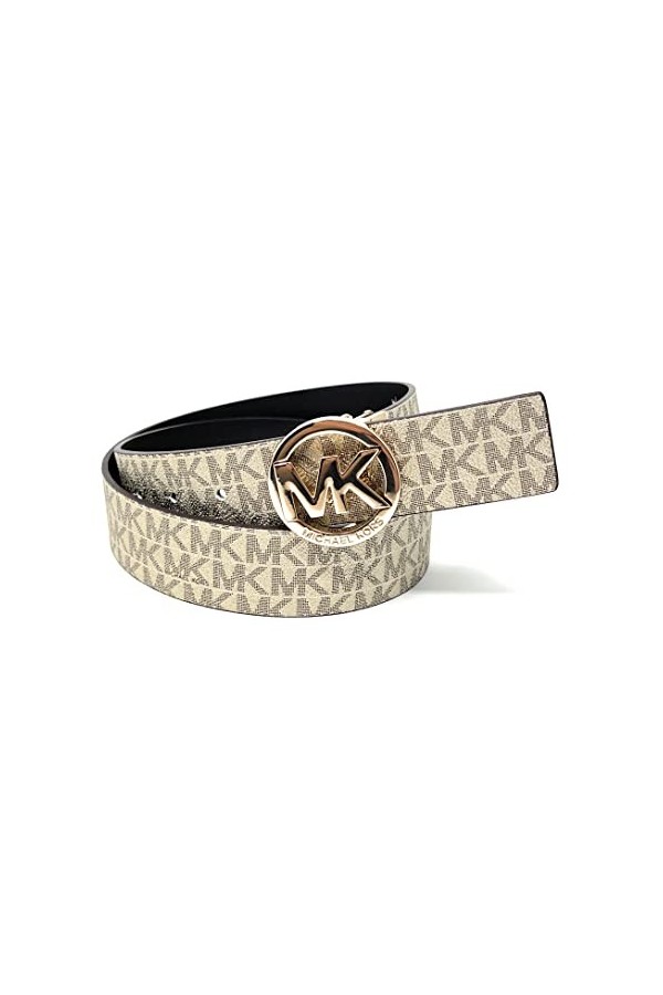 Michael Kors Women’s Twist Reversible Belt Gold MK Buckle , Silver/ Dark Brown, Large