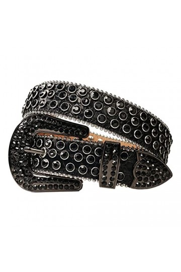 Ceinture brillante en cuir PU de ceinture de femmes de clous de luxe de ceinture de diamant de, tout noir, 112