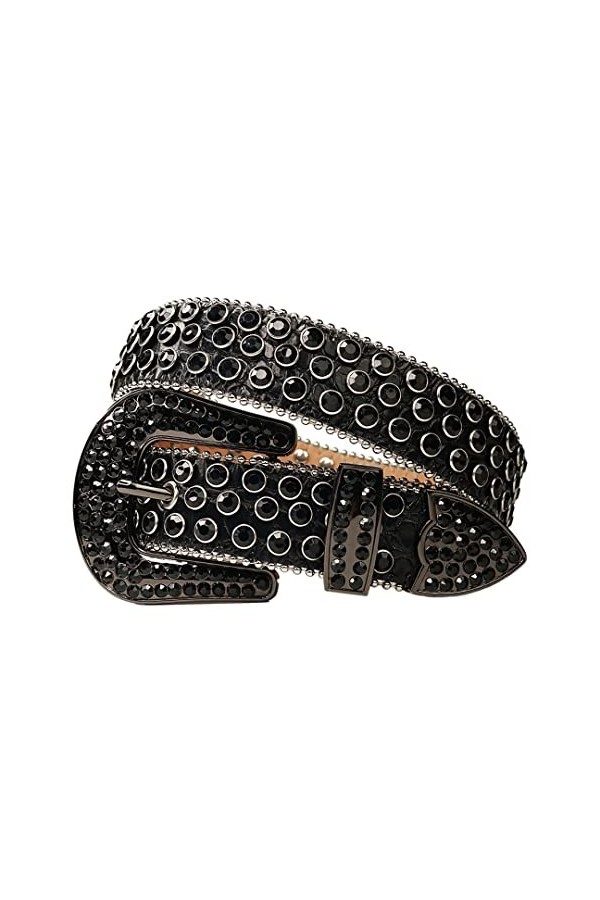Ceinture brillante en cuir PU de ceinture de femmes de clous de luxe de ceinture de diamant de, tout noir, 112