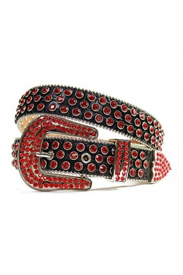Ceinture en strass avec boucle ardillon pour femme Style occidental décontracté coloré incrusté de diamants, noir/rouge, 107
