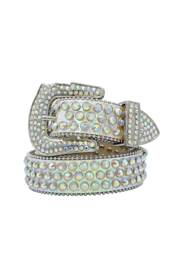 Pulcykp Ceinture unisexe en cuir avec strass, blanc, S-115cm