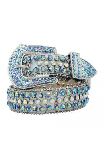 Pulcykp Ceinture en cuir cloutée unisexe avec strass, bleu ciel, 140 cm