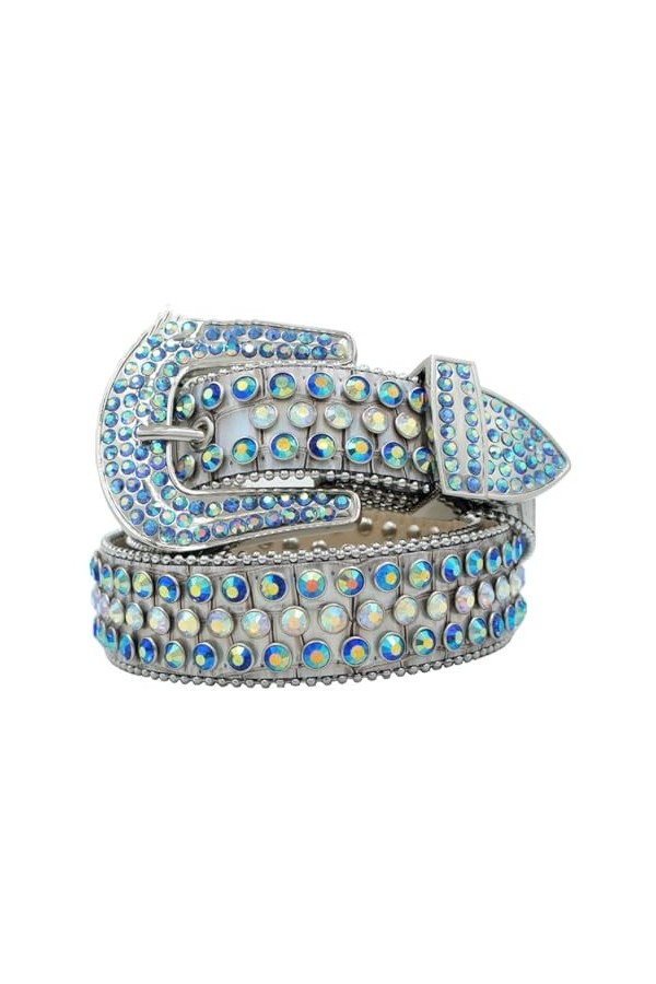 Pulcykp Ceinture en cuir cloutée unisexe avec strass, bleu ciel, 140 cm