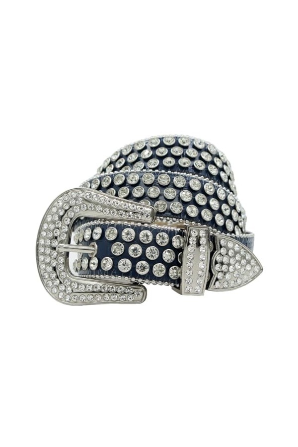 Punk Fashion Western Ceinture unisexe Designer strass Rock Boucle Boucle Sangle Cuir Jean Ceintures, bleu foncé, 140cm - 3XL