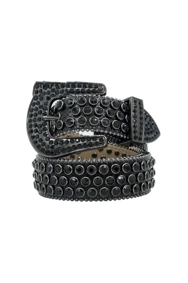 Boucle punk rock cloutée en cristal ceinture western avec rivets disco strass, Noir , S-115cm