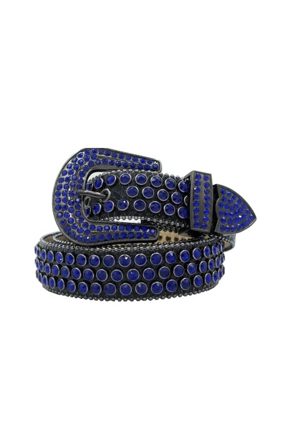 Boucle punk rock cloutée en cristal ceinture western avec rivets disco strass, Noir , S-115cm