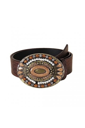 JJZXD Perle en Bois Polyvalente Vintage en Alliage à la Mode imprimant Une Ceinture en PU Sexy de Style Ethnique