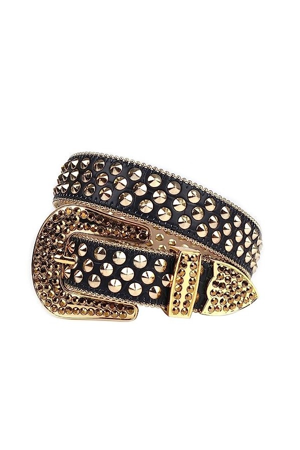 Ceinture en cuir avec strass pour femme et homme avec rivets et boucle en diamant de luxe, Or blanc., 42 30-32inch