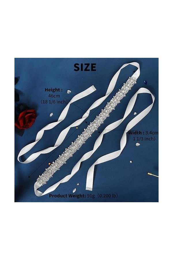 JJZXD Couleur Argent Cristal Ceinture de mariée Strass for Mariage Robe de soirée Femmes élégante fête Ceinture Demoiselle d