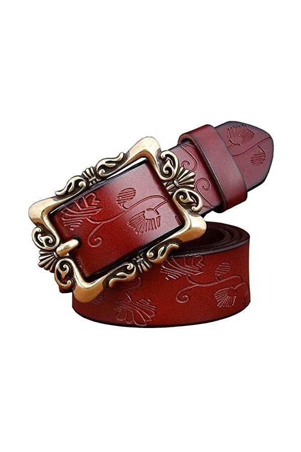 OSIAMO Mode large ceinture pour femme Vintage Floral boucle ardillon ceinture pour femme en cuir jean ceinture, marron grande